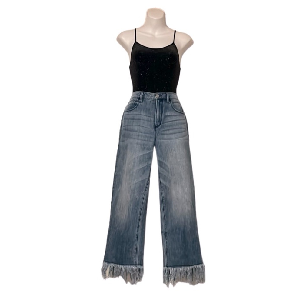 Bebe Womens Cropped  Bohemian Fringe Hem Relaxed Distressed Blue Jeans 30